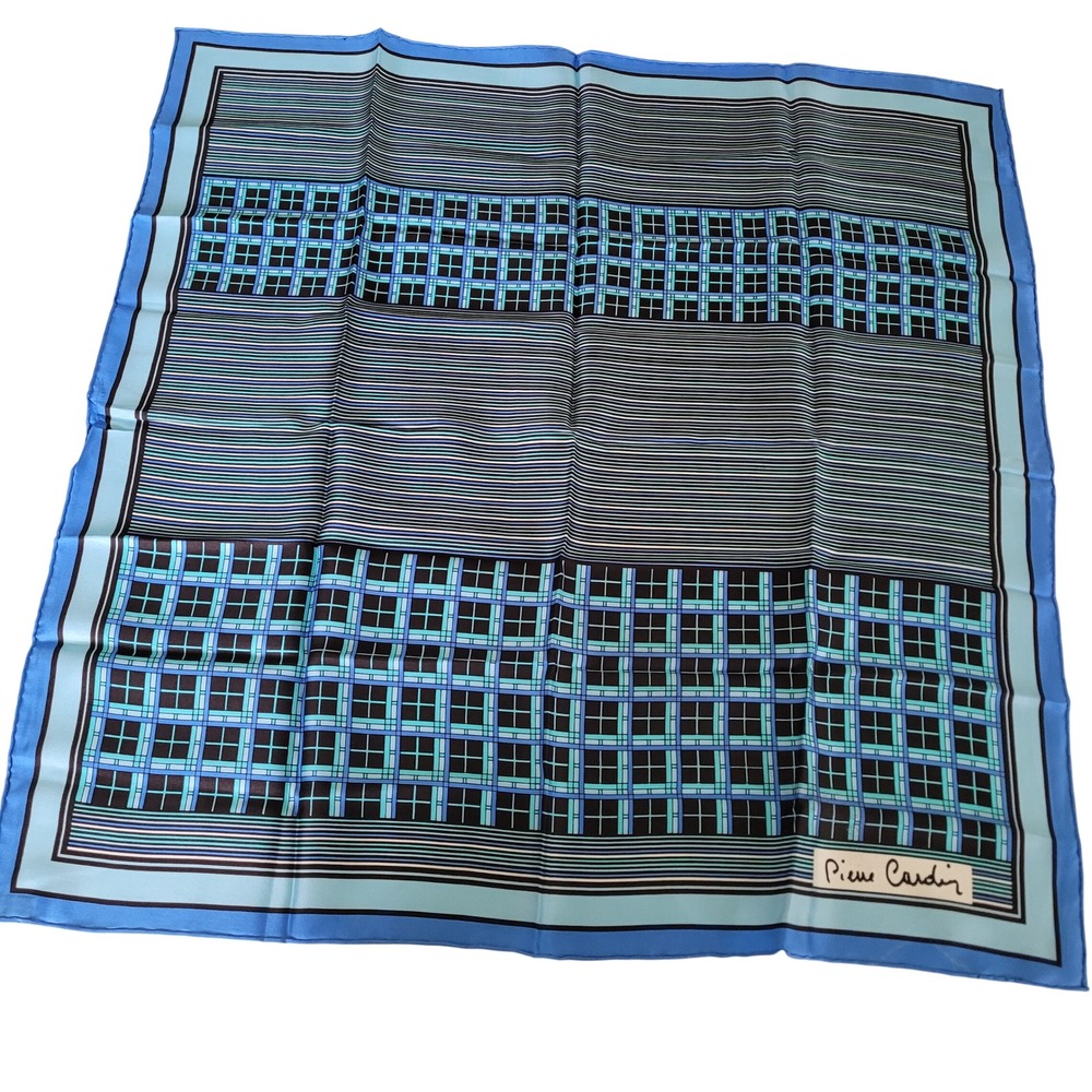 Pierre Cardin Silk Scarf Vintage Blue Teal Geometric Grid Striped Square 25x25